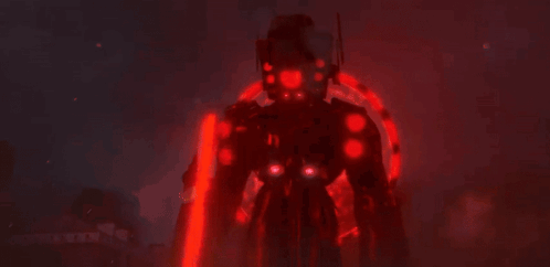 A Robot Is Holding A Sword And Shield In Front Of A Red Circle GIF
