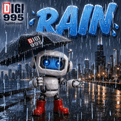 A Robot Is Holding An Umbrella In The Rain With The Word Rain Behind Him GIF