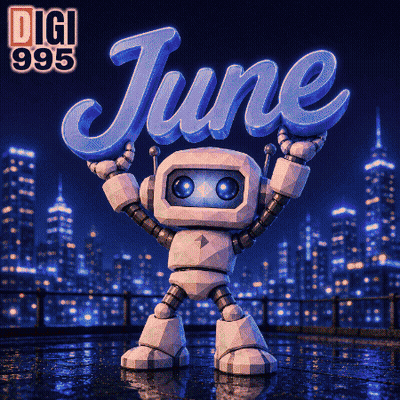 A Robot Is Holding Up The Word June In Front Of A City GIF