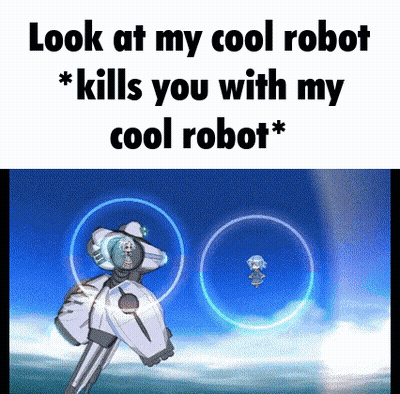 A Robot Is Killing Another Robot In A Video Game And Says `` Look At My Cool Robot Kills You With My Cool Robot '' . GIF