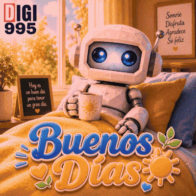 A Robot Is Laying In Bed Holding A Cup Of Coffee With The Words Buenos Dias Written Below It GIF