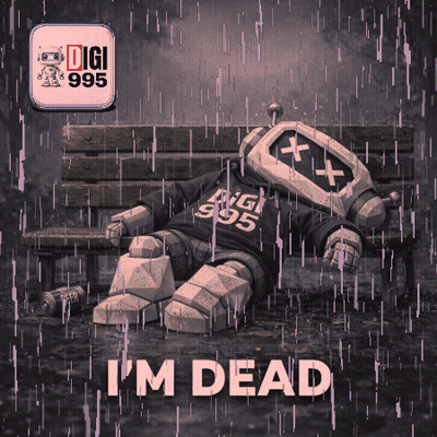 A Robot Is Laying On A Bench In The Rain With The Words I 'M Dead Below It GIF