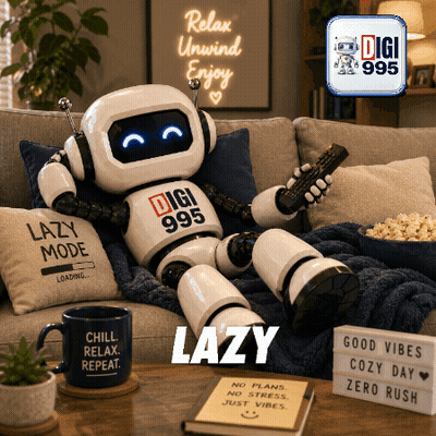A Robot Is Laying On A Couch Holding A Remote Control And Wearing A Digi 985 Shirt GIF