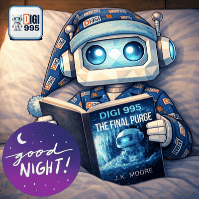 A Robot Is Reading A Book Called The Final Purge By J.k. Moore GIF