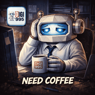 A Robot Is Sitting At A Desk Holding A Mug That Says Digi 995 On It GIF