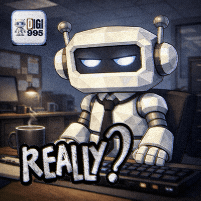 A Robot Is Sitting At A Desk With A Cup Of Coffee And The Word Really GIF