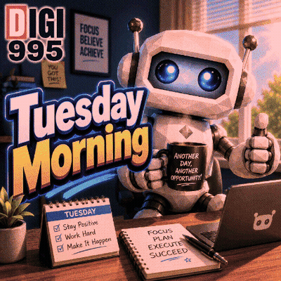 a robot is sitting at a desk with a laptop and a mug that says another day another opportunity