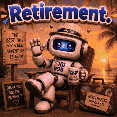 A Robot Is Sitting In A Chair With A Mug That Says Goodbye Stress And Welcome Freedom GIF