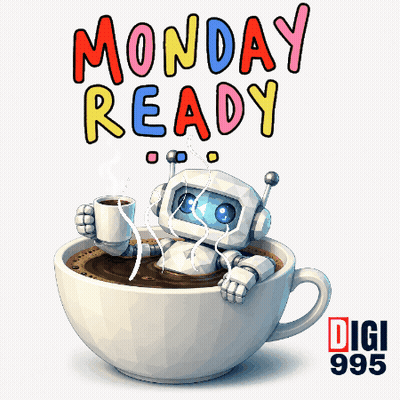 A Robot Is Sitting In A Cup Of Coffee With The Words Monday Ready Behind It GIF