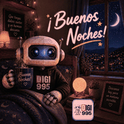 A Robot Is Sitting In Bed Holding A Mug That Says Buenos Noches GIF