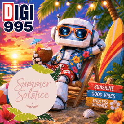 A Robot Is Sitting On A Beach With A Sign That Says Sunshine Good Vibes And Endless Summer GIF