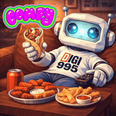 A Robot Is Sitting On A Couch Eating Food And Wearing A Shirt That Says Digi 995 GIF
