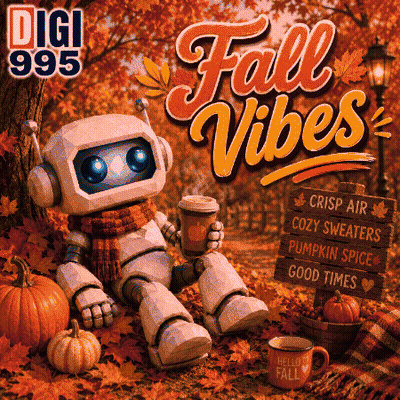 A Robot Is Sitting Under A Tree Holding A Cup Of Coffee And A Mug That Says Hello To Fall GIF