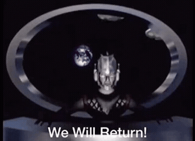 A Robot Is Standing In A Circle With The Words `` We Will Return '' . GIF