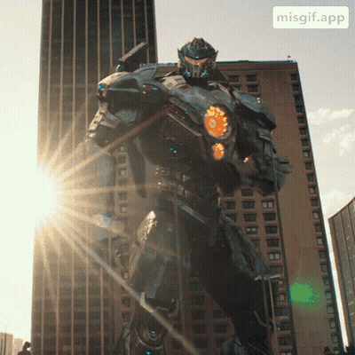 A Robot Is Standing In Front Of A Building With The App Misgif.app Visible In The Corner GIF