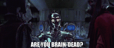 A Robot Is Standing In Front Of A Group Of People And Asking Are You Brain Dead ? GIF