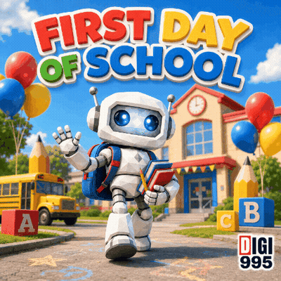 A Robot Is Standing In Front Of A School With The Words First Day Of School Written Above Him GIF