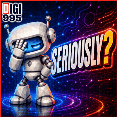 A Robot Is Standing In Front Of A Sign That Reads Seriously GIF