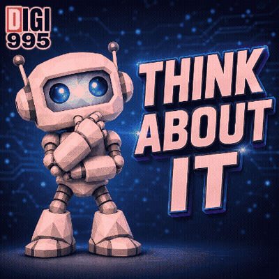 A Robot Is Standing In Front Of A Sign That Says " Think About It " GIF