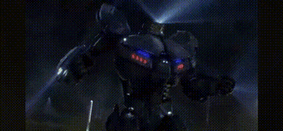 A Robot Is Standing In The Dark And Holding A Gun In Its Hands . GIF