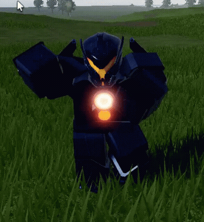 A Robot Is Standing In The Grass In A Field With A Light On His Chest . GIF