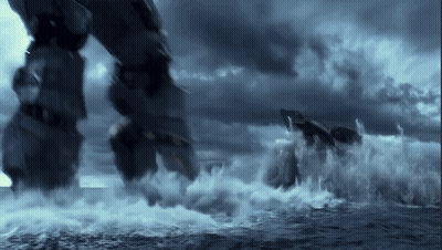 A Robot Is Standing In The Middle Of A Body Of Water . GIF