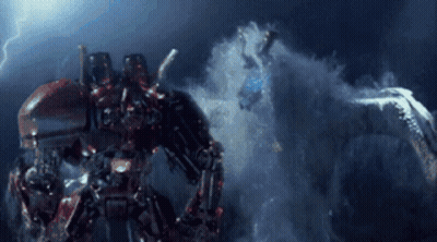 A Robot Is Standing In The Water With A Shark Behind Him GIF