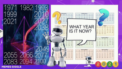 A Robot Is Standing Next To A Calendar That Says " What Year Is It Now " GIF