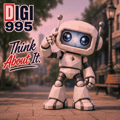 A Robot Is Standing On A Sidewalk In Front Of A Sign That Says " Think About It " GIF