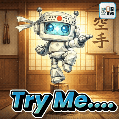 A Robot Is Standing On A Stump With The Words Try Me Below It GIF