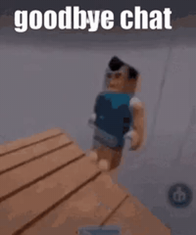 A Robot Is Standing On A Wooden Table With The Words `` Goodbye Chat '' Written On It . GIF