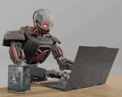 A Robot Is Typing On A Laptop Next To A Can That Says Oil On It GIF