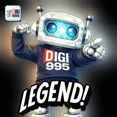 A Robot Is Wearing A Sweater That Says Digi 995 GIF