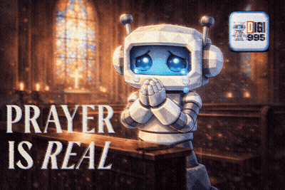A Robot Praying In A Church With The Words " Prayer Is Real " Below It GIF