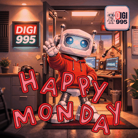 A Robot Says Happy Monday In Front Of A Sign That Says Digi 995 GIF