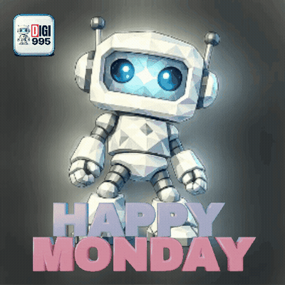 A Robot Says Happy Monday On A Poster GIF