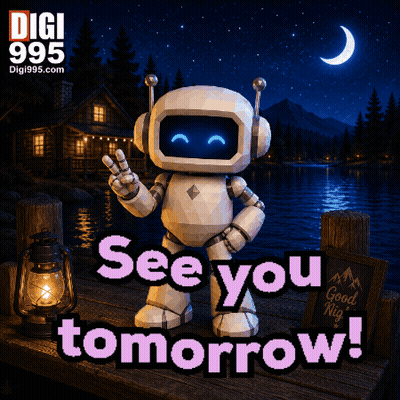 A Robot Says See You Tomorrow In Front Of A Cabin GIF