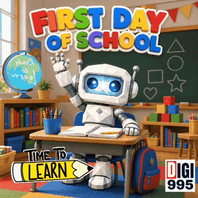 A Robot Sits At A Desk With The Words First Day Of School Above Him GIF