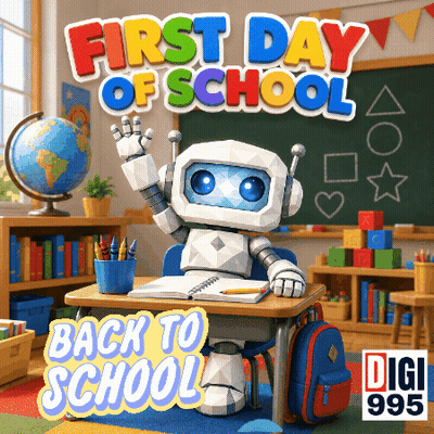 A Robot Sits At A Desk With The Words First Day Of School Back To School Below It GIF