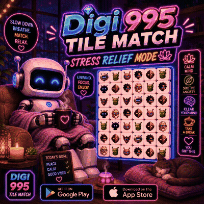 A Robot Sits On A Couch With A Cup Of Coffee In Front Of A Screen That Says Digi 995 Tile Match Stress Relief Mode GIF