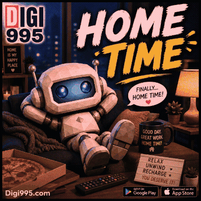 A Robot Sits On A Couch With A Mug That Says ' Good Day Great Work Home Time ' GIF