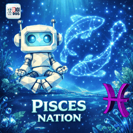 A Robot Sitting In A Lotus Position With The Word Pisces Nation Below It GIF