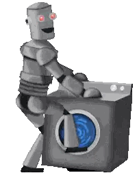 A Robot Standing Next To A Washing Machine With A Blue Door Sticker