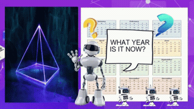 A Robot Stands In Front Of A Calendar That Says " What Year Is It Now " GIF