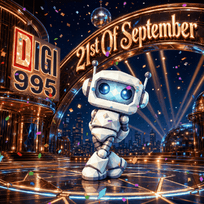 A Robot Stands In Front Of A Sign That Says 21St Of September GIF