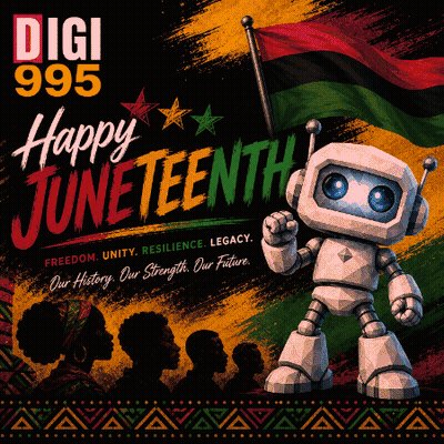A Robot Stands In Front Of A Sign That Says Digi 995 Happy Juneteenth GIF