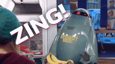 A Robot That Says Zingbot 9000 Is Holding Bananas GIF