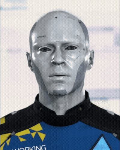 A Robot Wearing A Blue And Yellow Shirt That Says Working GIF