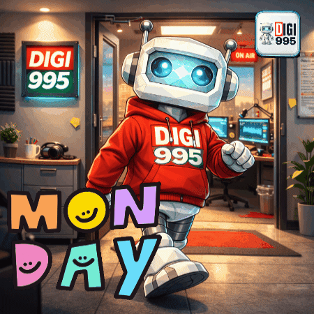 A Robot Wearing A Digi 985 Hoodie Stands In Front Of A Digi 985 Sign GIF