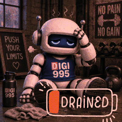 A Robot Wearing A Digi 985 Shirt Sits On The Floor GIF